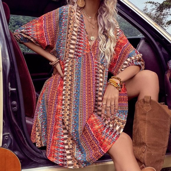 Red Boho Womens Geo Print Batwing Sleeve Smock Dress - Picture 3 of 5